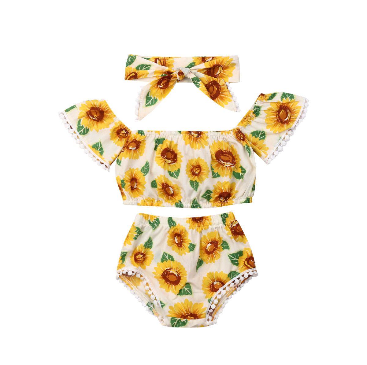 SunshineChic Girl Sunflower Print One-Shoulder Top Triangle Shorts Suit