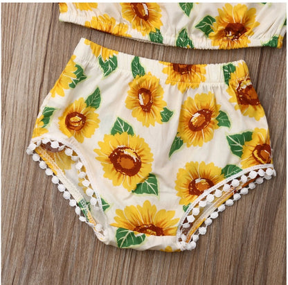 SunshineChic Girl Sunflower Print One-Shoulder Top Triangle Shorts Suit