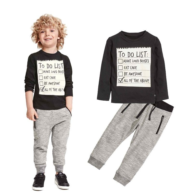 CoolKids Boys' Casual Cotton Ensemble: Letter Patterned T-shirt and Pants 2pcs Suit