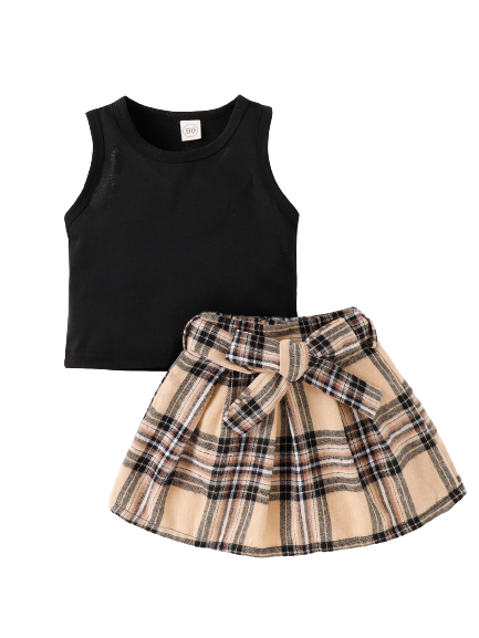 Raven Couture Bliss: Black Solid Tank and Plaid Skirt Combo for Girls