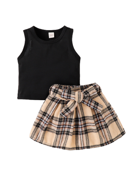 Raven Couture Bliss: Black Solid Tank and Plaid Skirt Combo for Girls